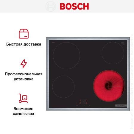 Электрическая варочная панель Bosch PKE645BA2E - купить онлайн, цена 36 000.40 ₽, стоимость доставки по МСК и РФ от 300 рублей, заказать сейчас! Электрическая варочная панель Bosch PKE645BA2E купить за 36 000.40 ₽ в Москве с доставкой по РФ