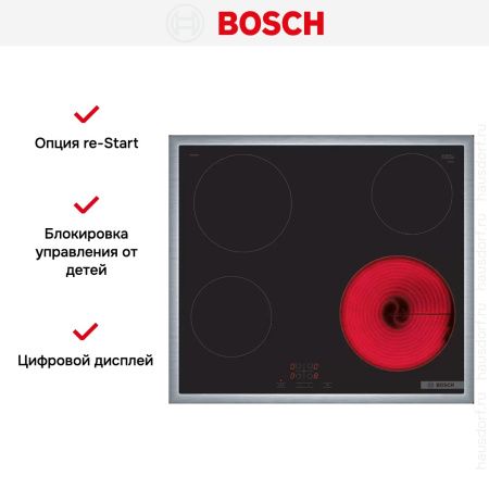 Электрическая варочная панель Bosch PKE645BA2E - купить онлайн, цена 36 000.40 ₽, стоимость доставки по МСК и РФ от 300 рублей, заказать сейчас! Электрическая варочная панель Bosch PKE645BA2E купить за 36 000.40 ₽ в Москве с доставкой по РФ