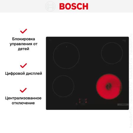 Электрическая варочная панель Bosch PKE611AA1R - купить онлайн, цена 88 500.40 ₽, стоимость доставки по МСК и РФ от 300 рублей, заказать сейчас! Электрическая варочная панель Bosch PKE611AA1R купить за 88 500.40 ₽ в Москве с доставкой по РФ
